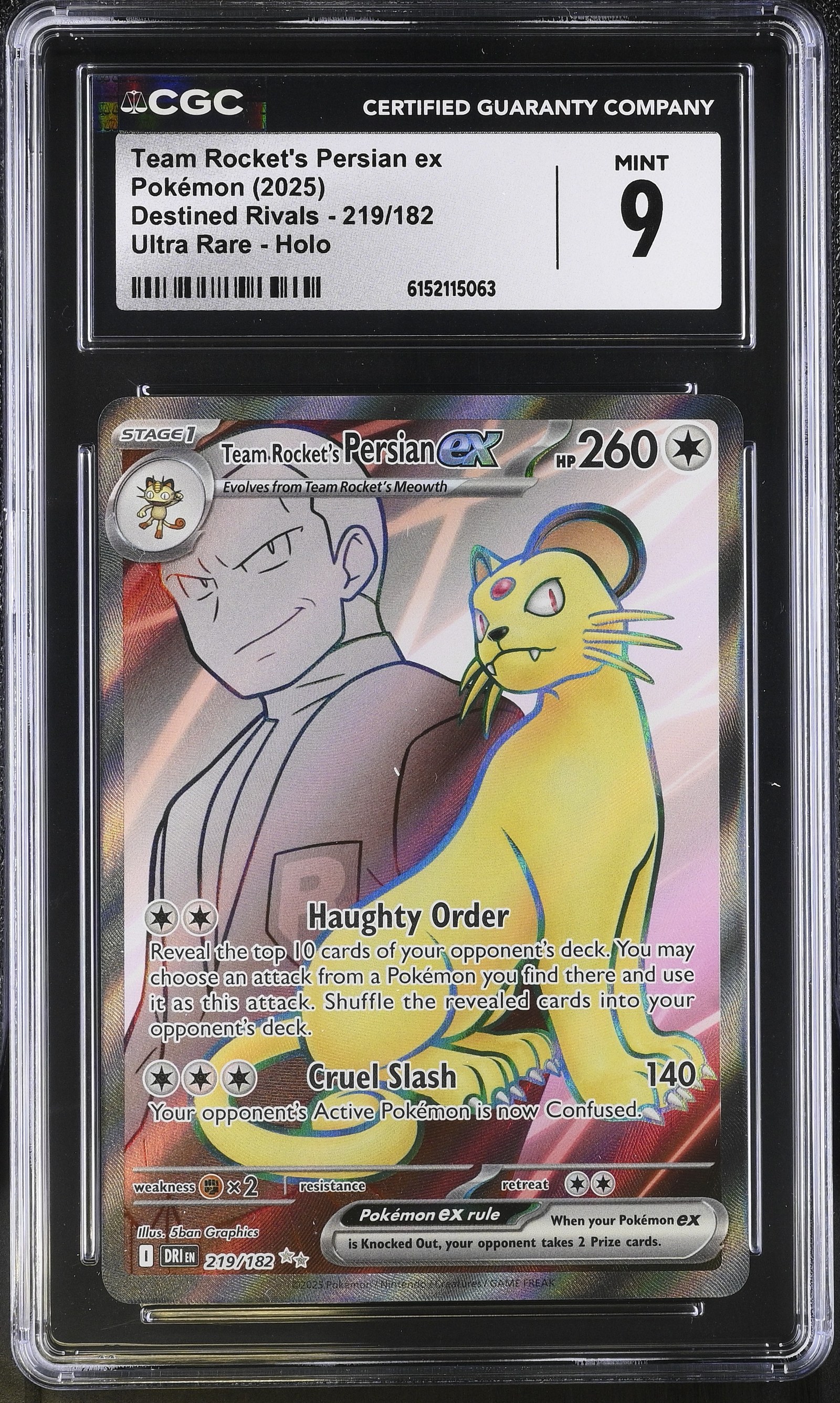 Team Rocket's Persian ex #219/182 Destined Rivals CGC Mint 9 Pokemon Graded Slab — front