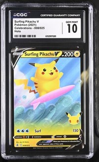 Surfing Pikachu V #008/025 Celebrations CGC Gem Mint 10 Pokemon Graded Slab — front