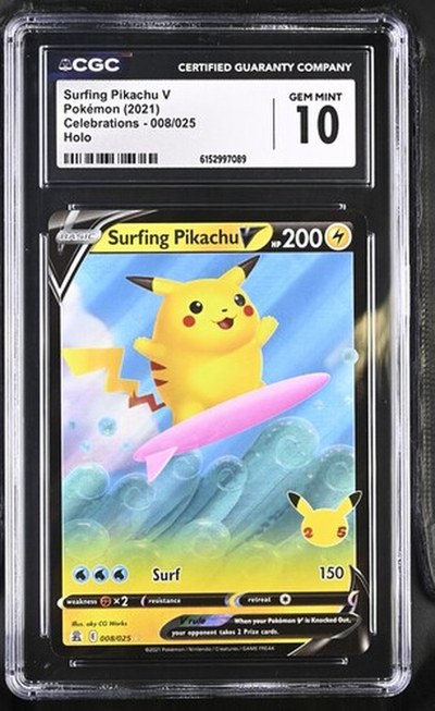 Surfing Pikachu V #008/025 Celebrations CGC Gem Mint 10 Pokemon Graded Slab — front