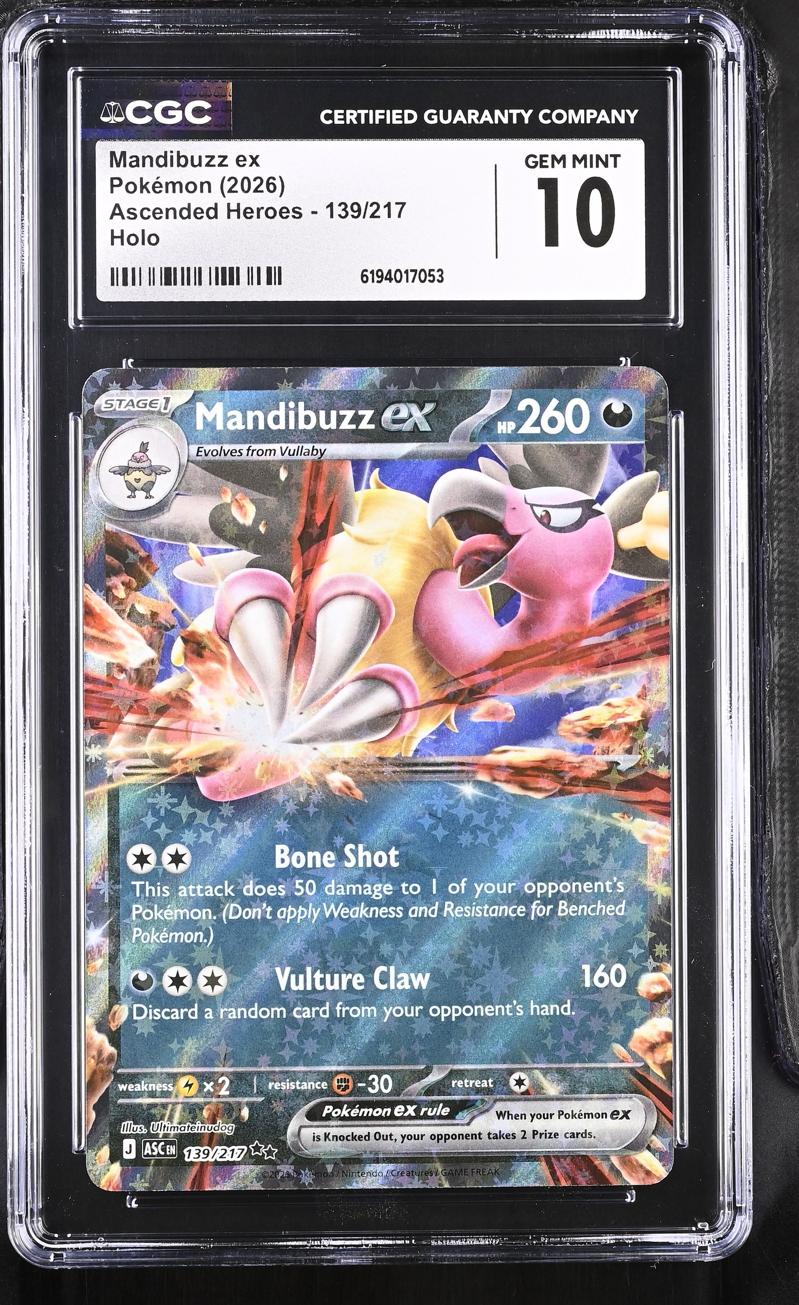 Mandibuzz ex #139/217 Ascended Heroes CGC Gem Mint 10 Pokemon Graded Slab — front