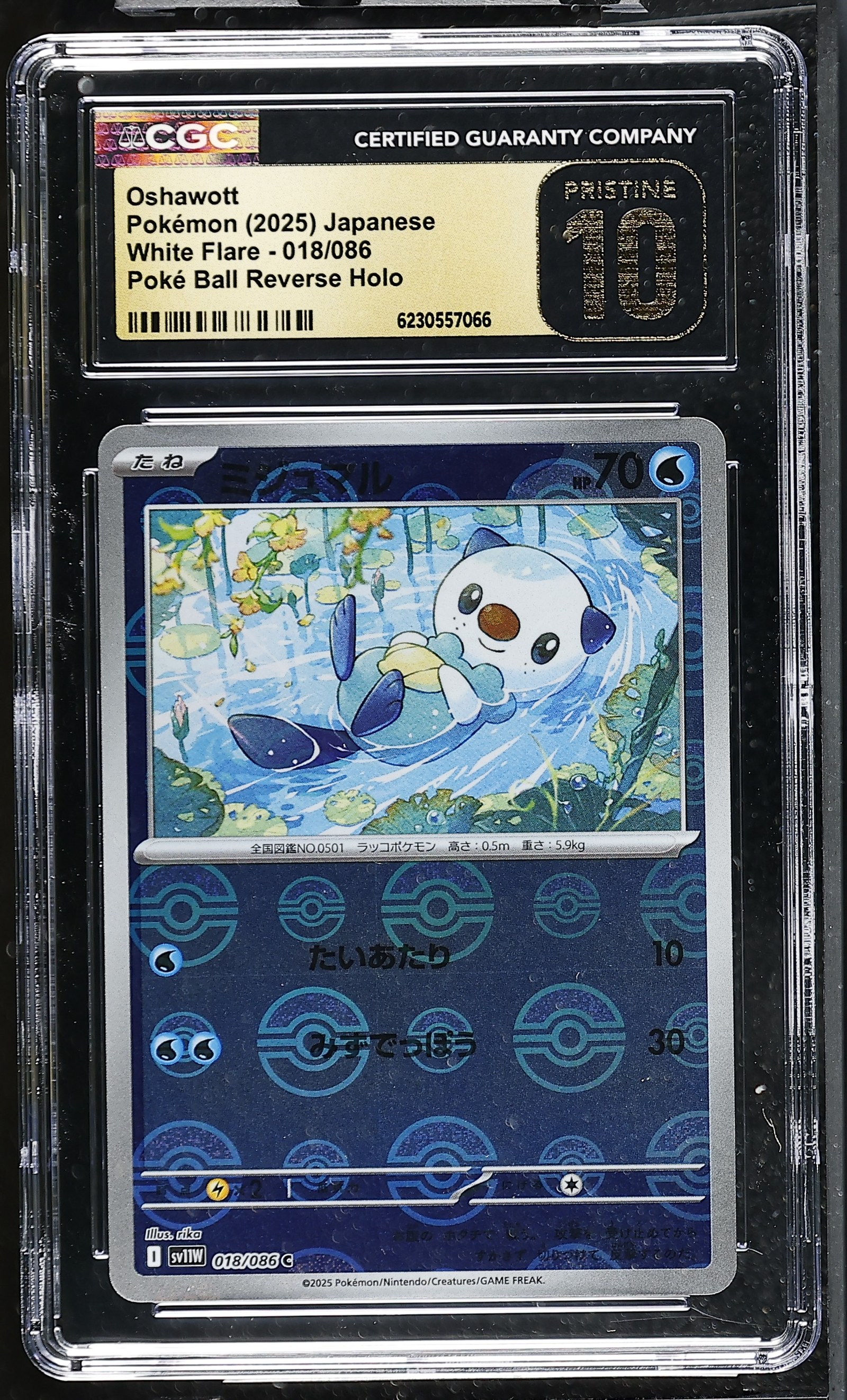 Oshawott #018/086 Reverse Holo Japanese White Flare CGC Pristine 10 Pokemon Graded Slab — front