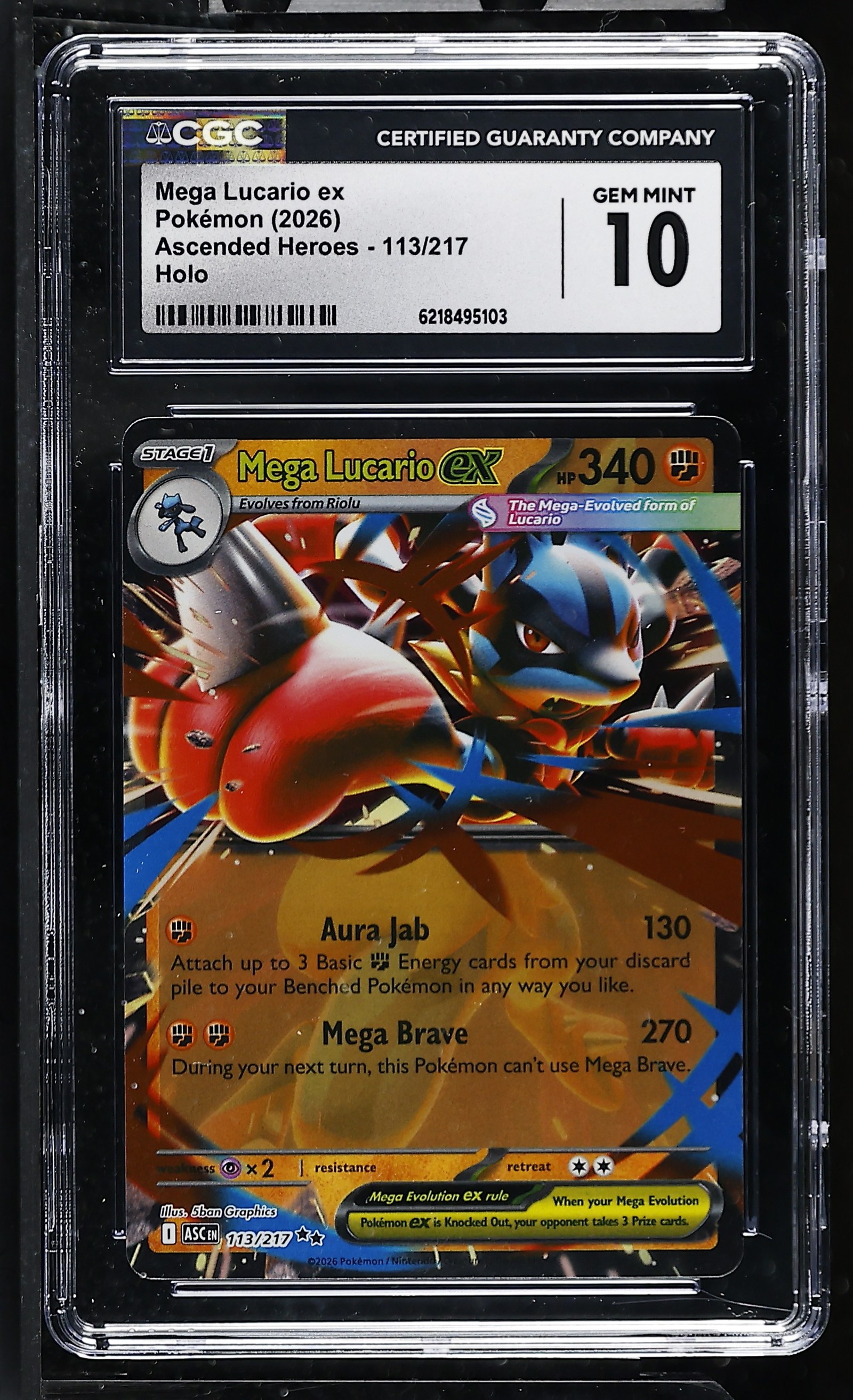 Mega Lucario ex #113/217 Ascended Heroes CGC Gem Mint 10 Pokemon Graded Slab — front