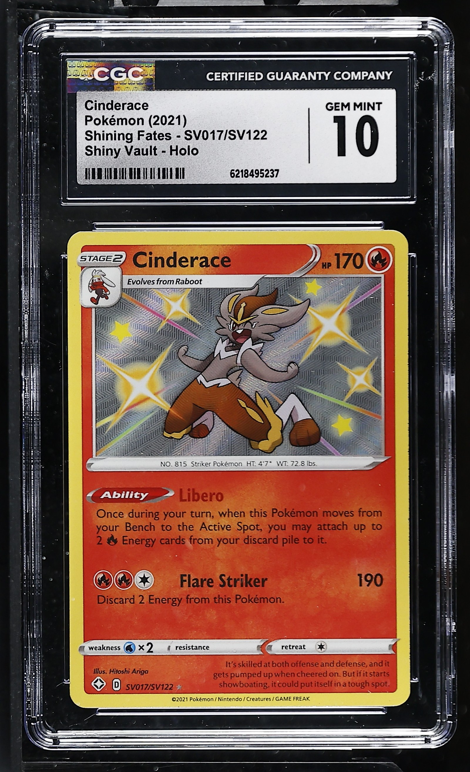 Cinderace #SV017/SV122 Shiny Shining Fates CGC Gem Mint 10 Pokemon Graded Slab — front