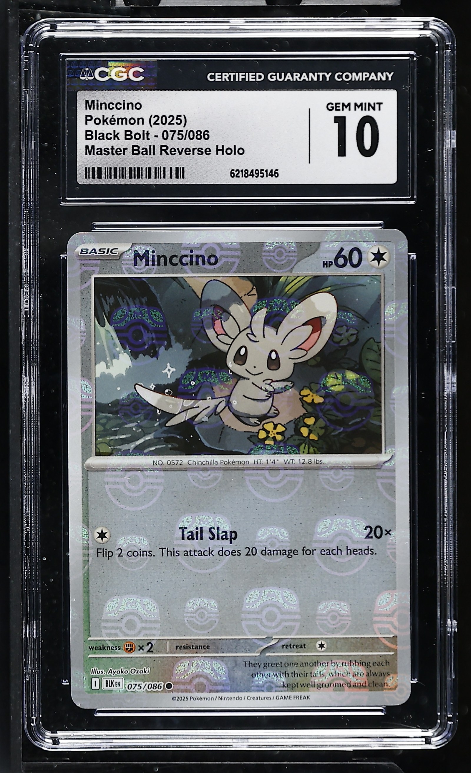 Minccino #075/086 Master Ball Reverse Holo Black Bolt CGC Gem Mint 10 Pokemon Graded Slab — front