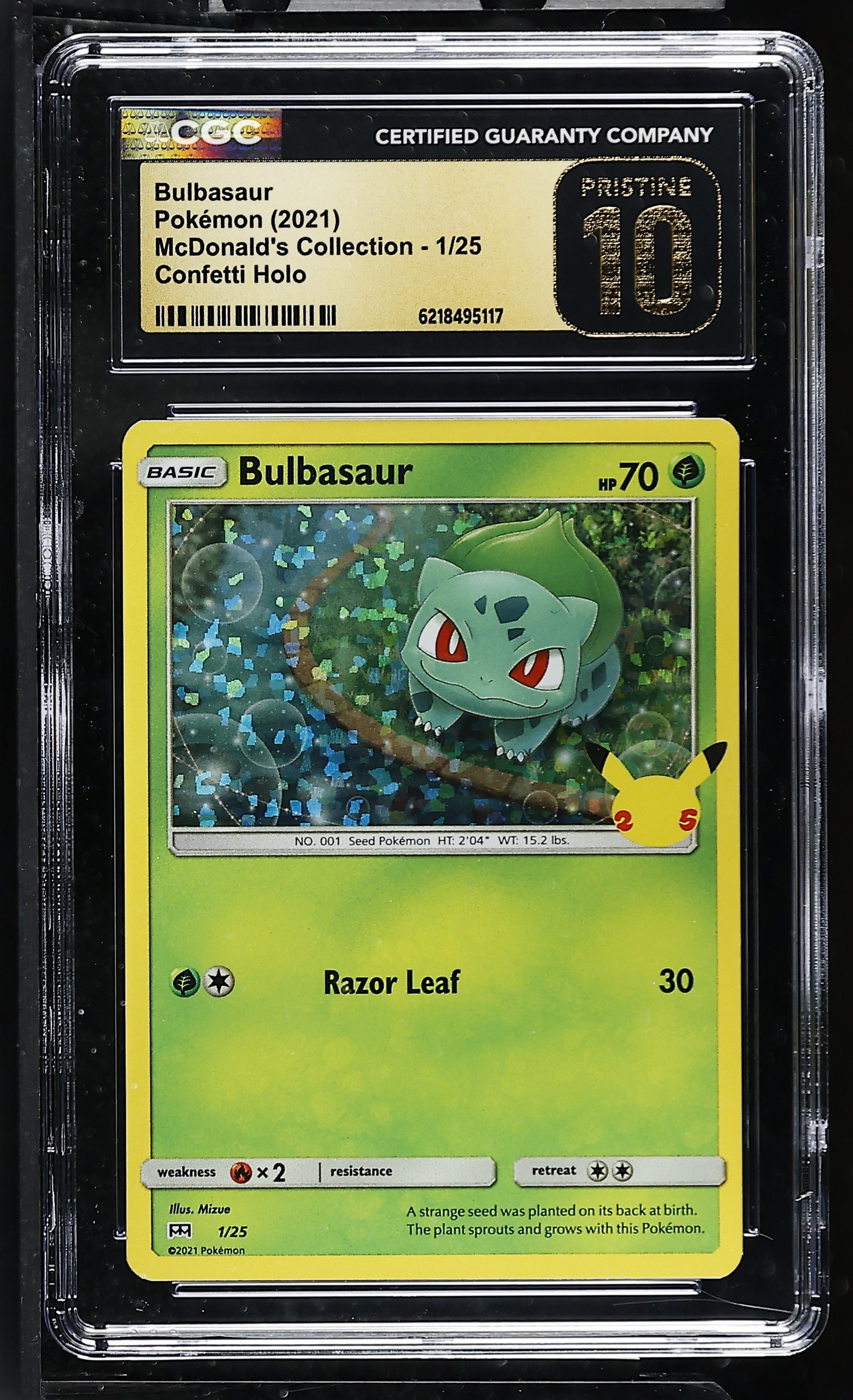 Bulbasaur #1/25 Confetti Holo Mcdonalds 2021 CGC Pristine 10 Pokemon Graded Slab — front